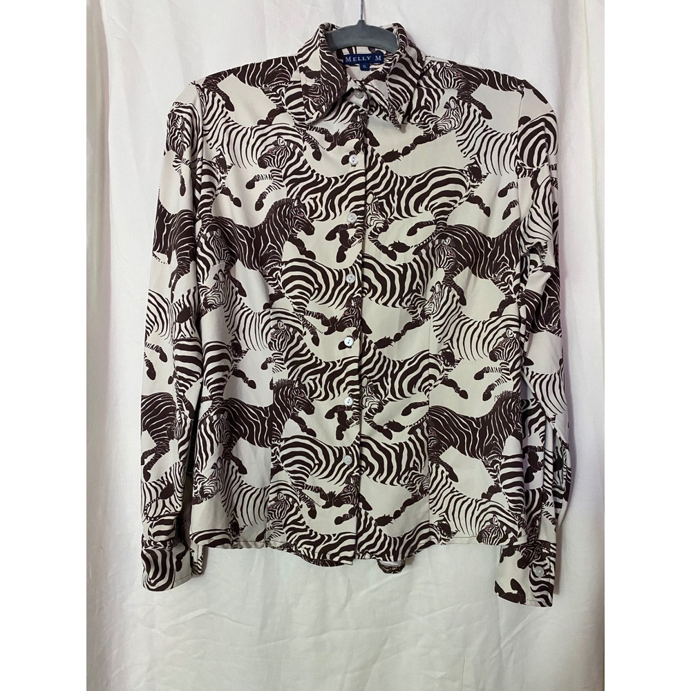 Melly M Womens Zebra Print Button Down Shirt Brown White Long Sleeve Size S